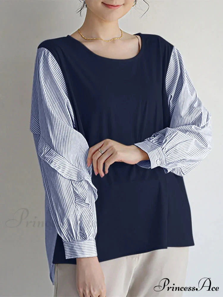 Stripe Patchwork Frilled Informal Blouse