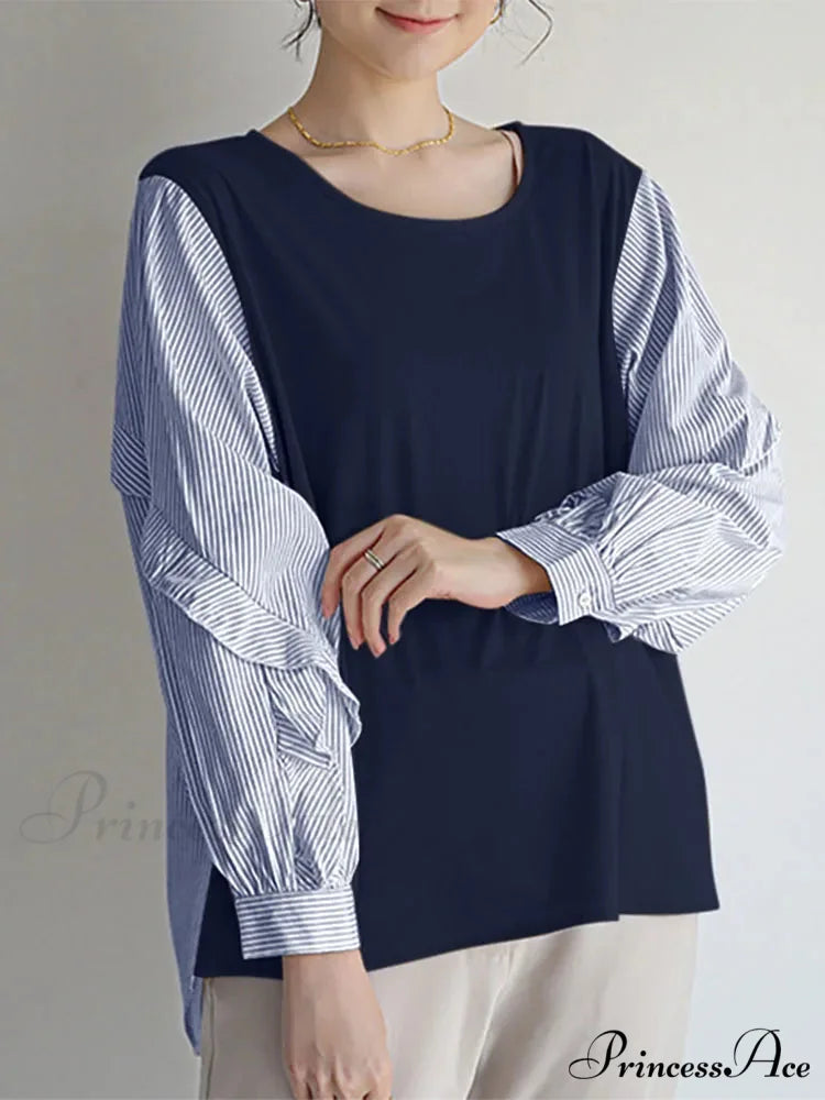 Stripe Patchwork Frilled Informal Blouse