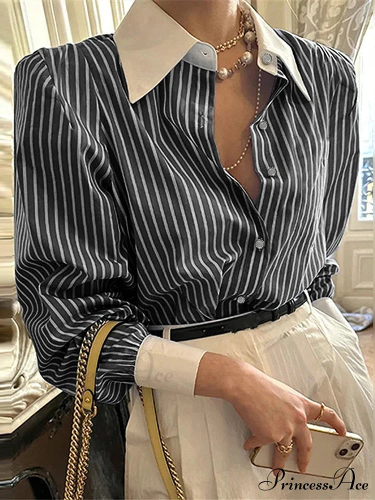 Stripe Patchwork Informal Extended Sleeve Tunic Blouse