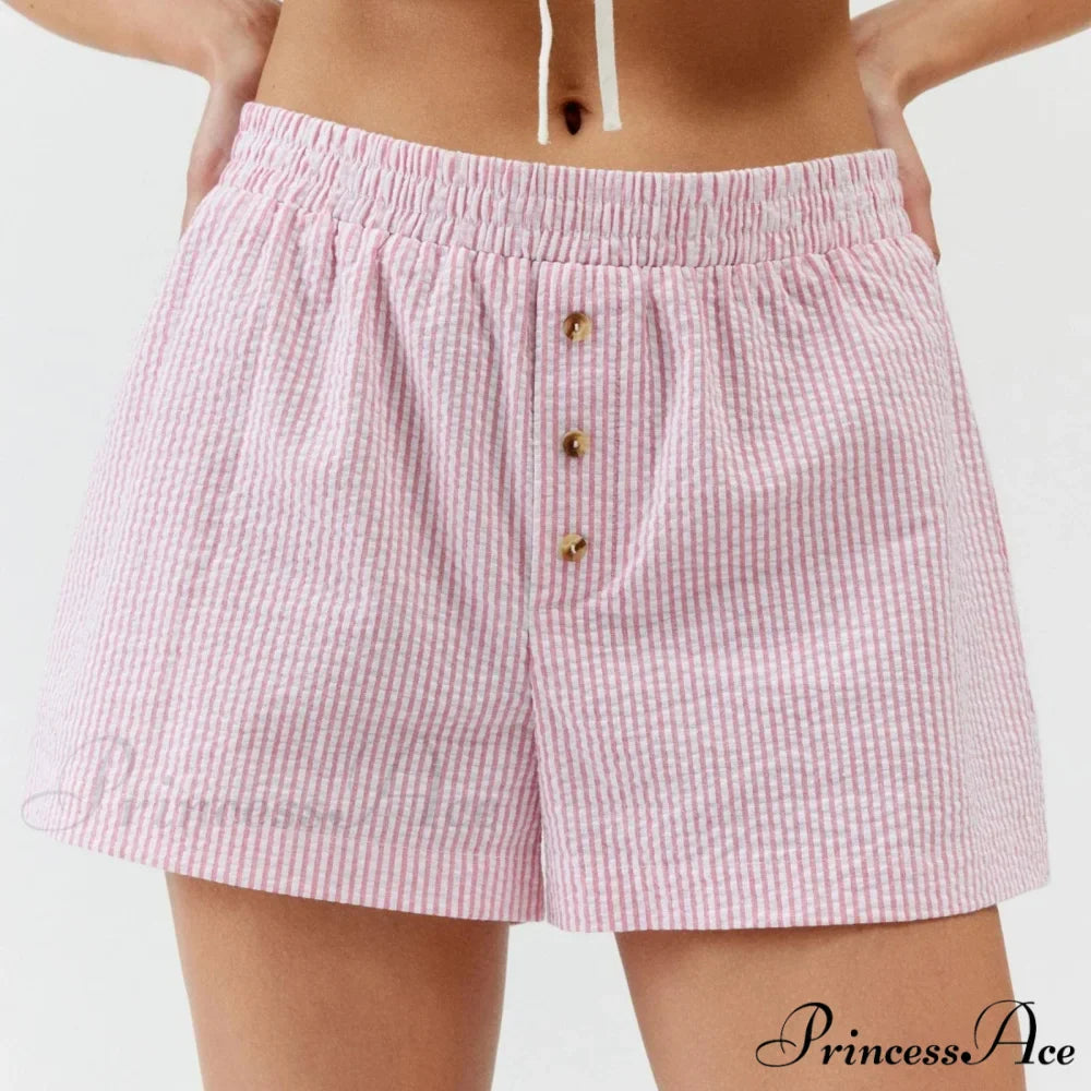 Stripe Print Pajama Boxer Elastic Waist Button Decor Straight Leg Sleeping Pants Short