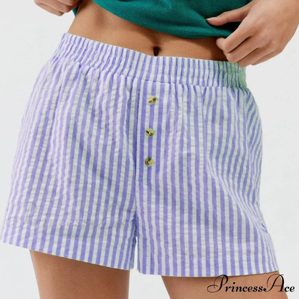 Stripe Print Pajama Boxer Elastic Waist Button Decor Straight Leg Sleeping Pants Short