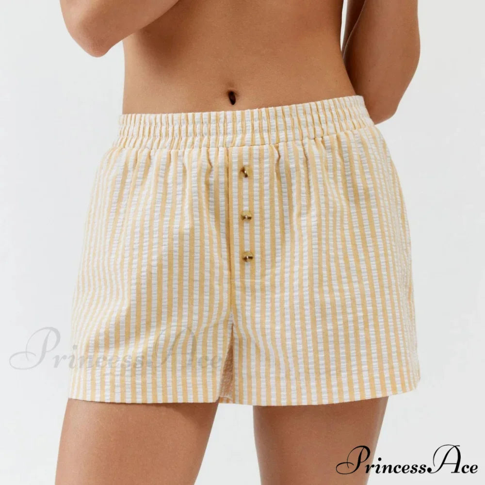 Stripe Print Pajama Boxer Elastic Waist Button Decor Straight Leg Sleeping Pants Short