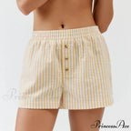 Stripe Print Pajama Boxer Elastic Waist Button Decor Straight Leg Sleeping Pants Short