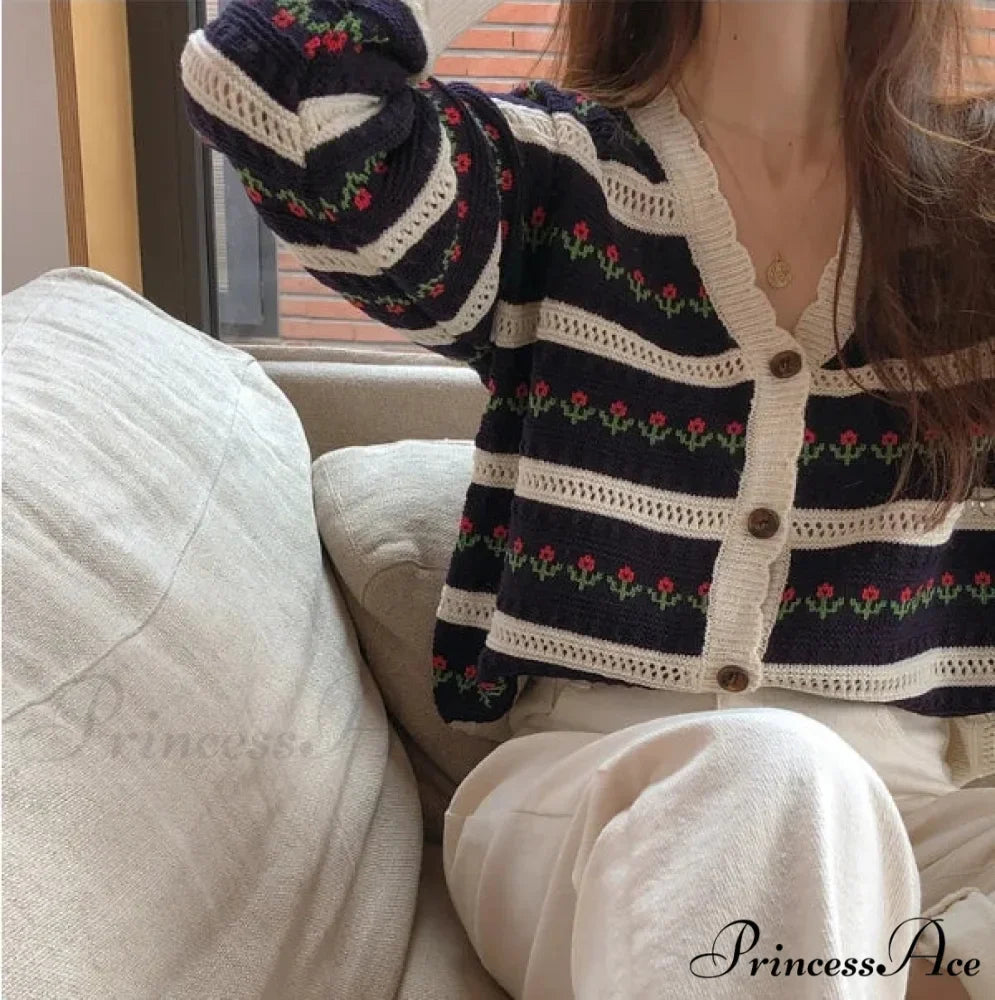 Striped Blossom Textured Button Front Cardigan