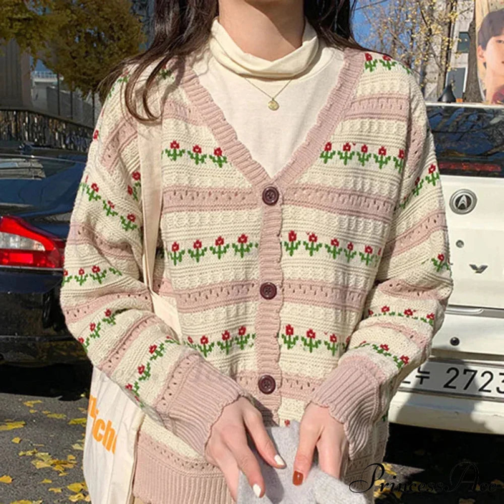 Striped Blossom Textured Button Front Cardigan