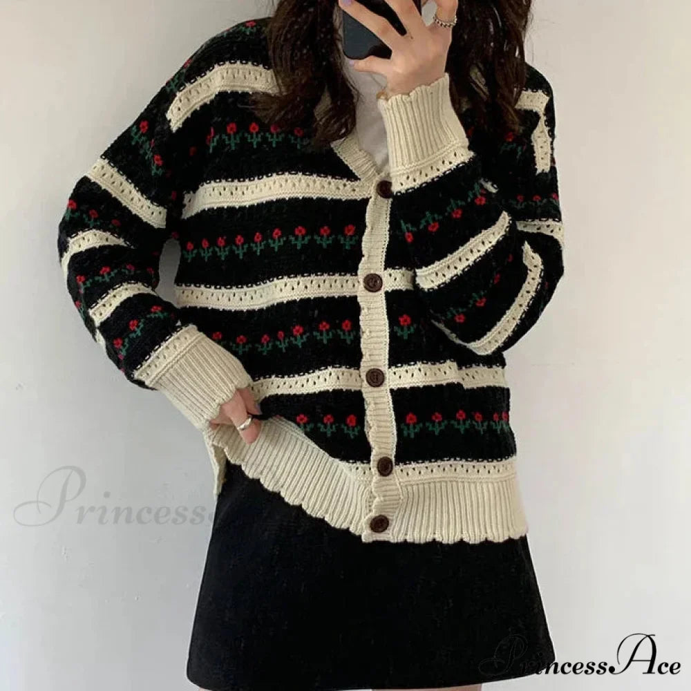 Striped Blossom Textured Button Front Cardigan