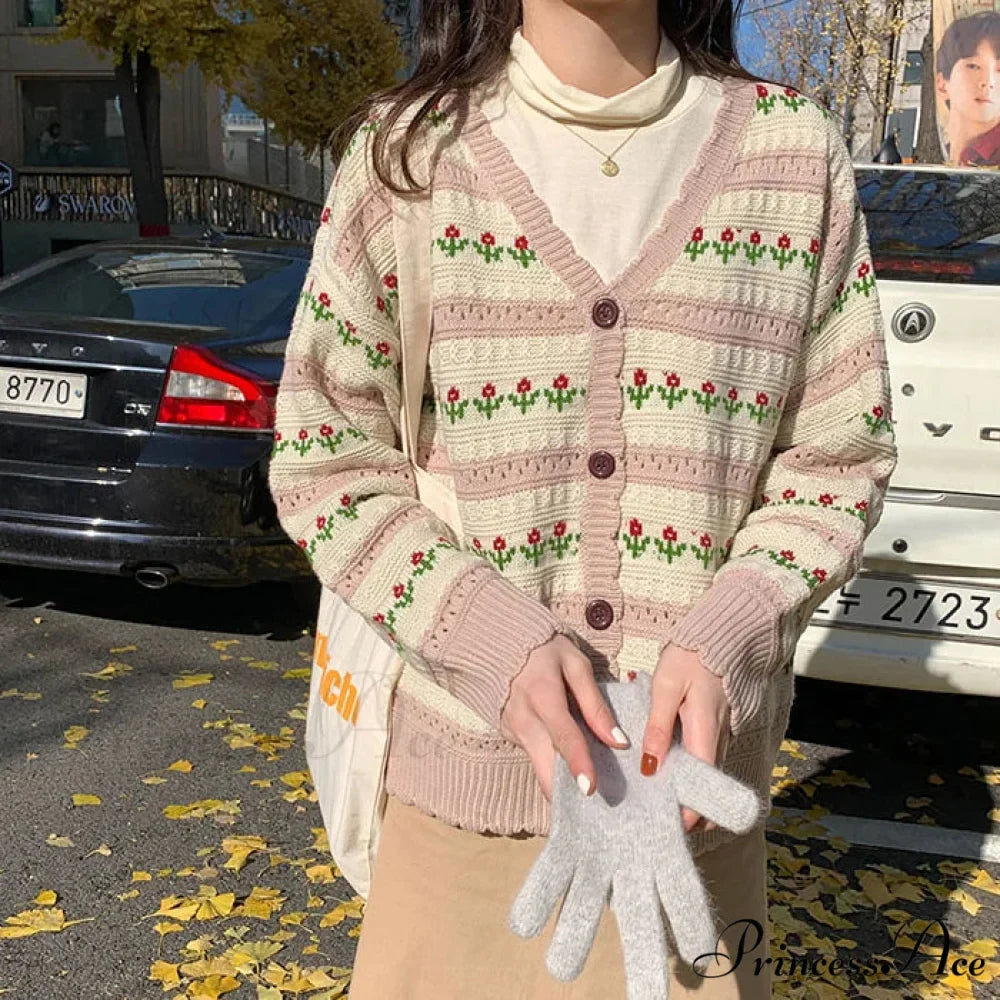 Striped Blossom Textured Button Front Cardigan