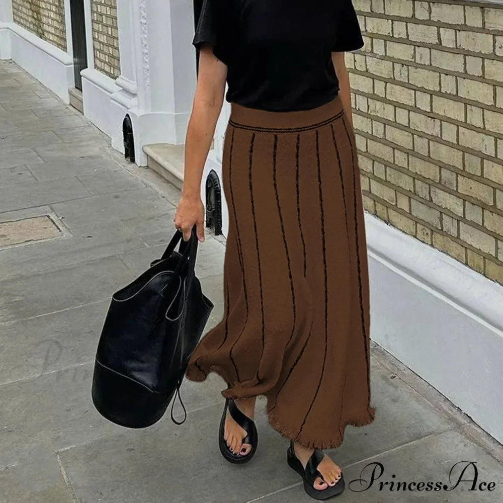 Striped Casual Vintage Elastic Waist Tassel Skirt