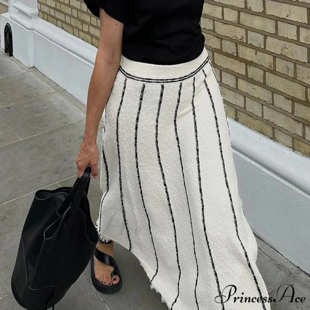 Striped Casual Vintage Elastic Waist Tassel Skirt