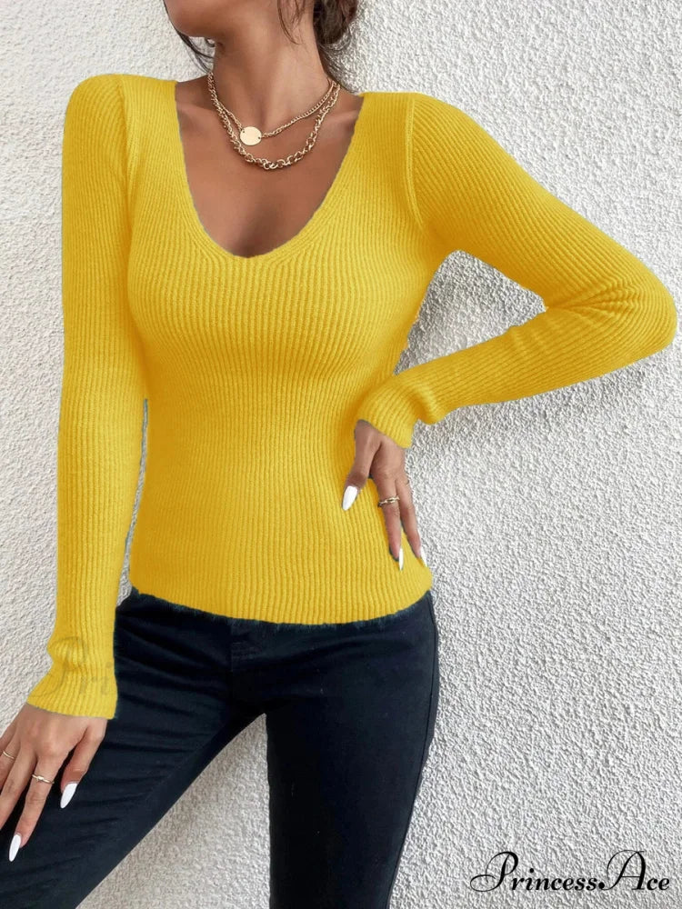Striped Knit V-Neck Ribbed Pullover Sweater Knit Top
