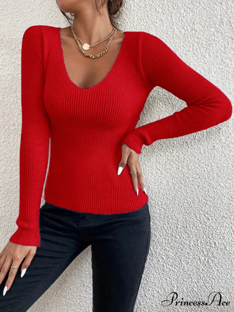 Striped Knit V-Neck Ribbed Pullover Sweater Knit Top