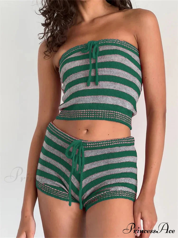Striped Knitted Off Shoulder Crop Tube Top with Drawstring Shorts Set