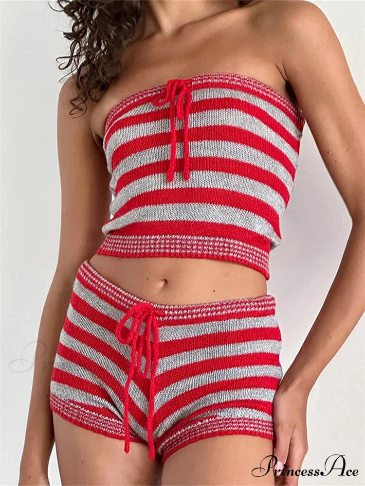 Striped Knitted Off Shoulder Crop Tube Top with Drawstring Shorts Set