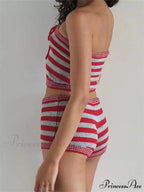 Striped Knitted Off Shoulder Crop Tube Top with Drawstring Shorts Set