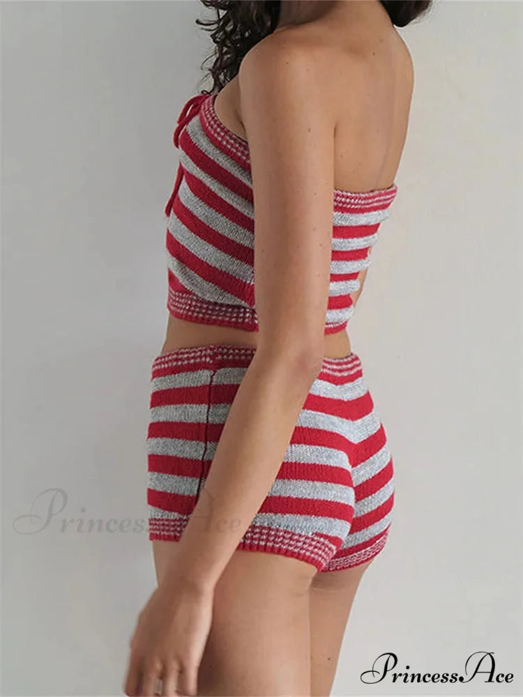 Striped Knitted Off Shoulder Crop Tube Top with Drawstring Shorts Set