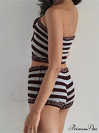 Striped Knitted Off Shoulder Crop Tube Top with Drawstring Shorts Set