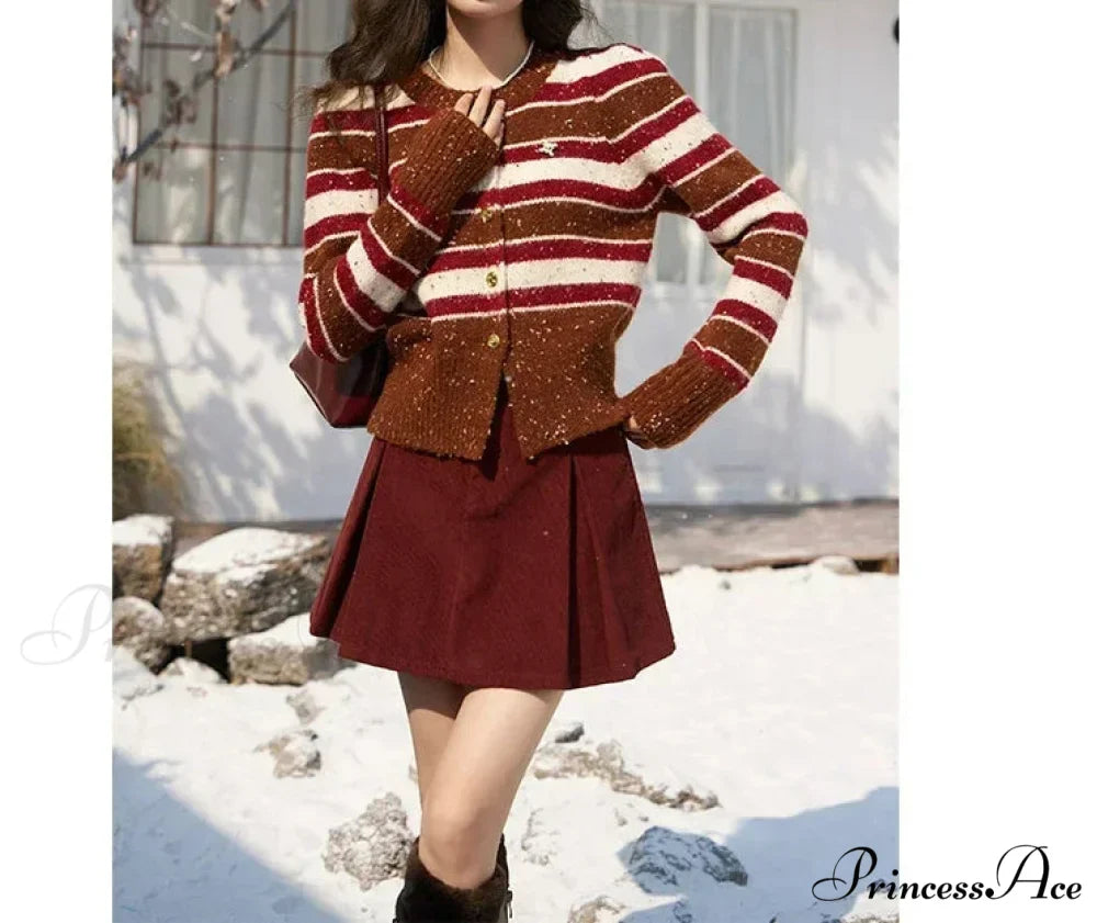 Striped Knitted Round Neck Cardigan
