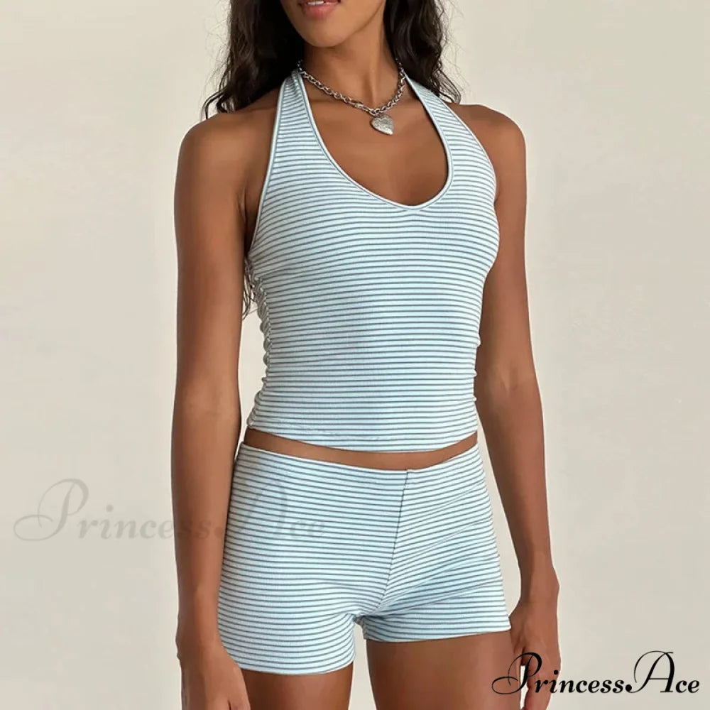 Striped Pattern Sleeveless V Neck Halter Crop Low Waist Shorts Two Pieces Set