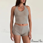 Striped Pattern Sleeveless V Neck Halter Crop Low Waist Shorts Two Pieces Set