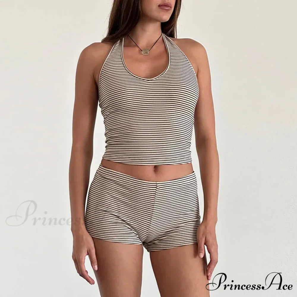 Striped Pattern Sleeveless V Neck Halter Crop Low Waist Shorts Two Pieces Set