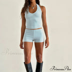 Striped Pattern Sleeveless V Neck Halter Crop Low Waist Shorts Two Pieces Set