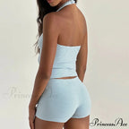 Striped Pattern Sleeveless V Neck Halter Crop Low Waist Shorts Two Pieces Set