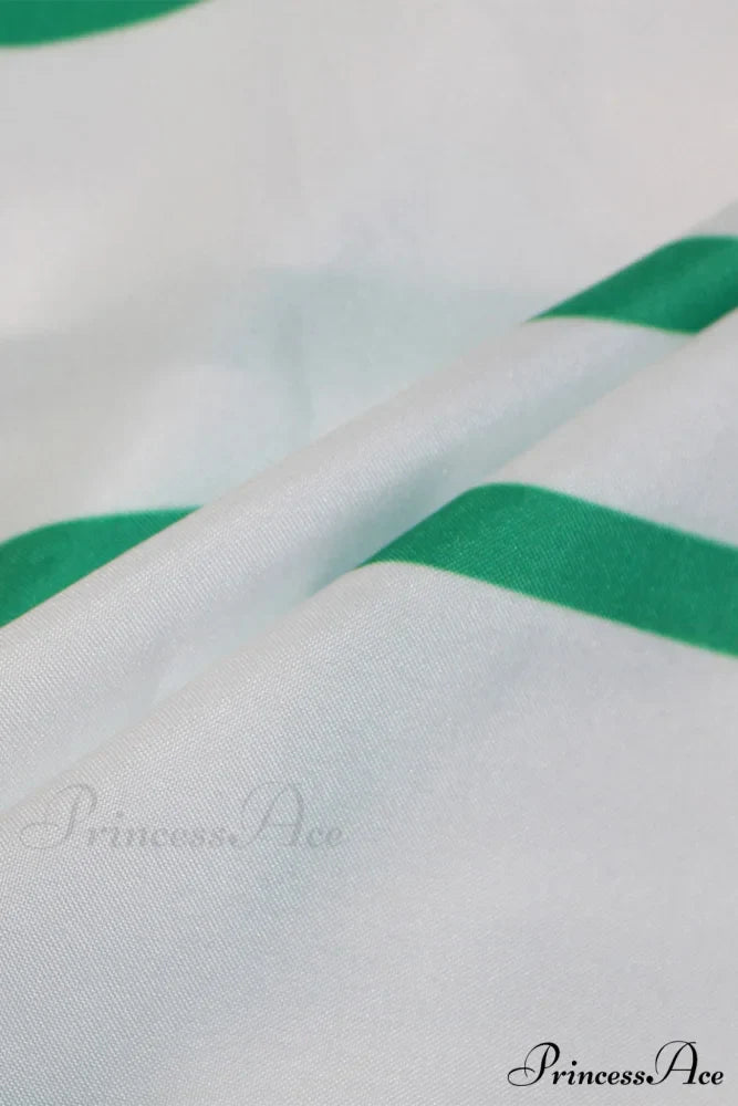 Striped Print Lace-up Shirt Dress - Green