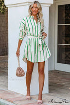 Striped Print Lace-up Shirt Dress - Green