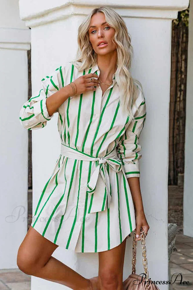 Striped Print Lace-up Shirt Dress - Green