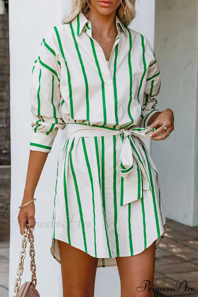 Striped Print Lace-up Shirt Dress - Green