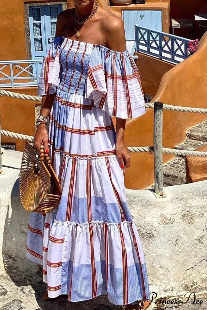 Striped Print Ruffle Sleeve Tiered Dress