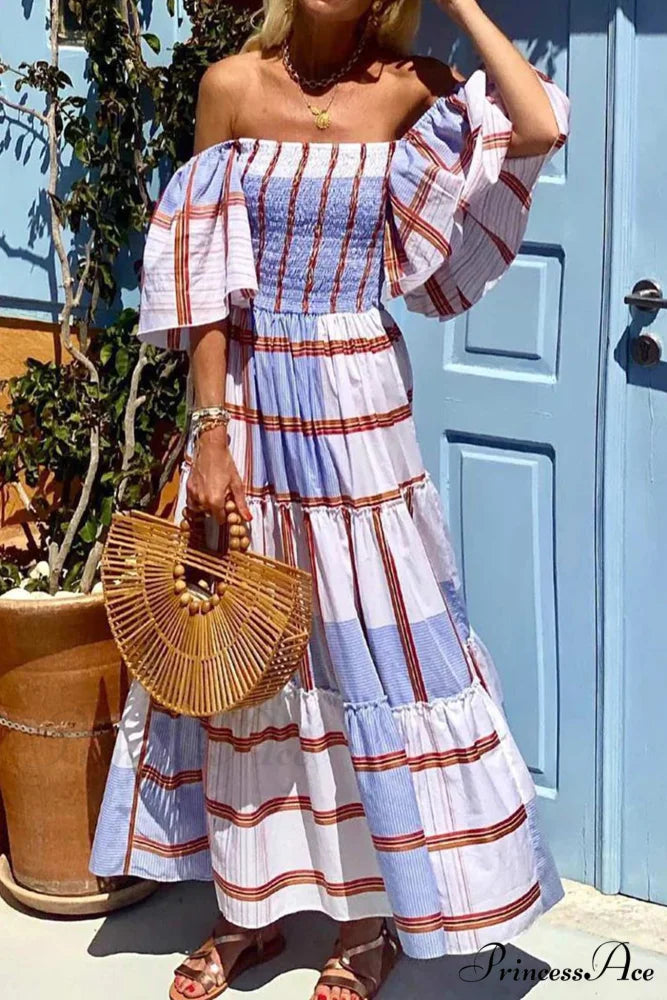 Striped Print Ruffle Sleeve Tiered Dress