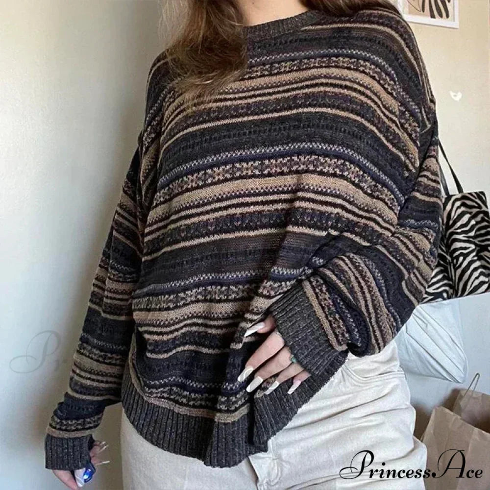 Striped Round Neck Oversized Sweater
