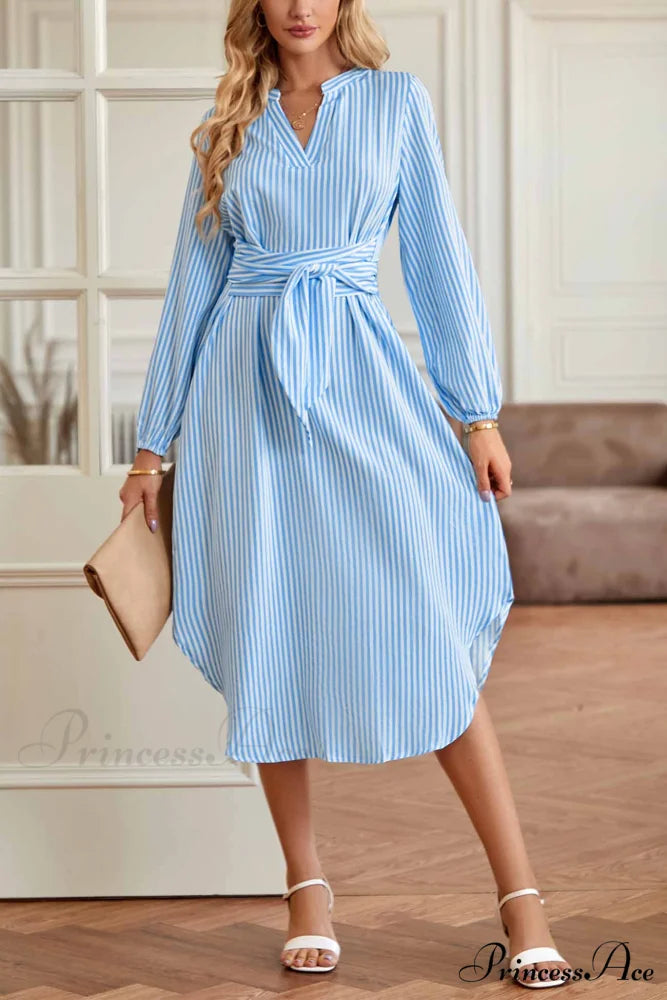Striped V Neck Tie Waist Long Sleeve Midi Dress
