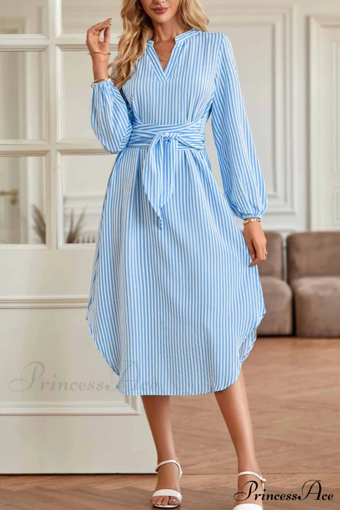 Striped V Neck Tie Waist Long Sleeve Midi Dress