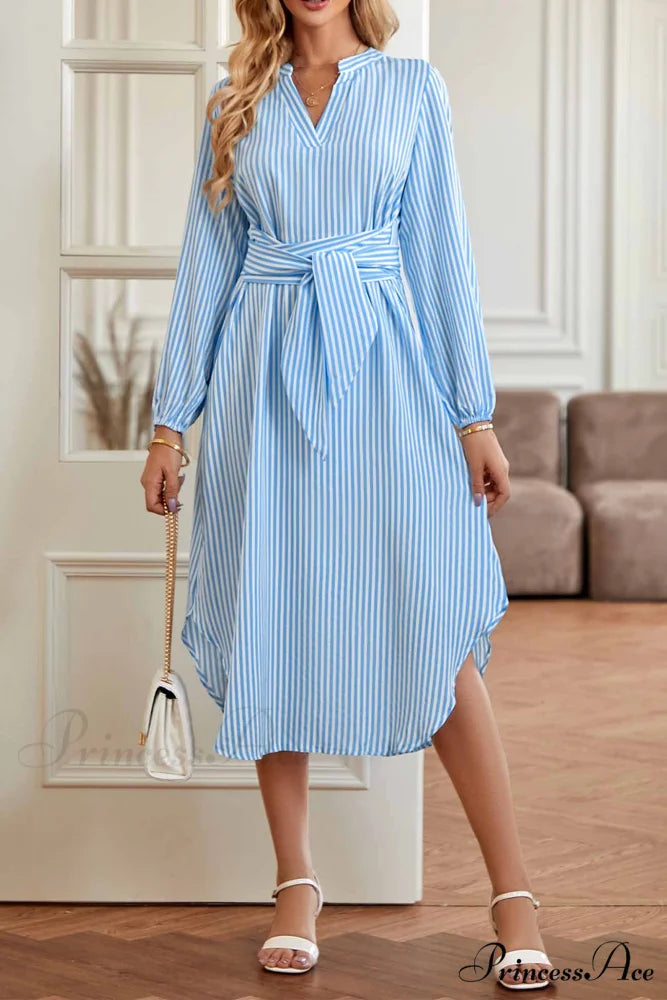 Striped V Neck Tie Waist Long Sleeve Midi Dress
