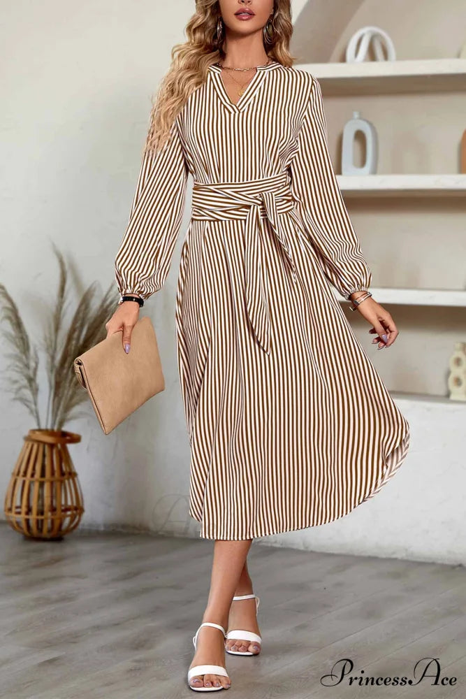 Striped V Neck Tie Waist Long Sleeve Midi Dress