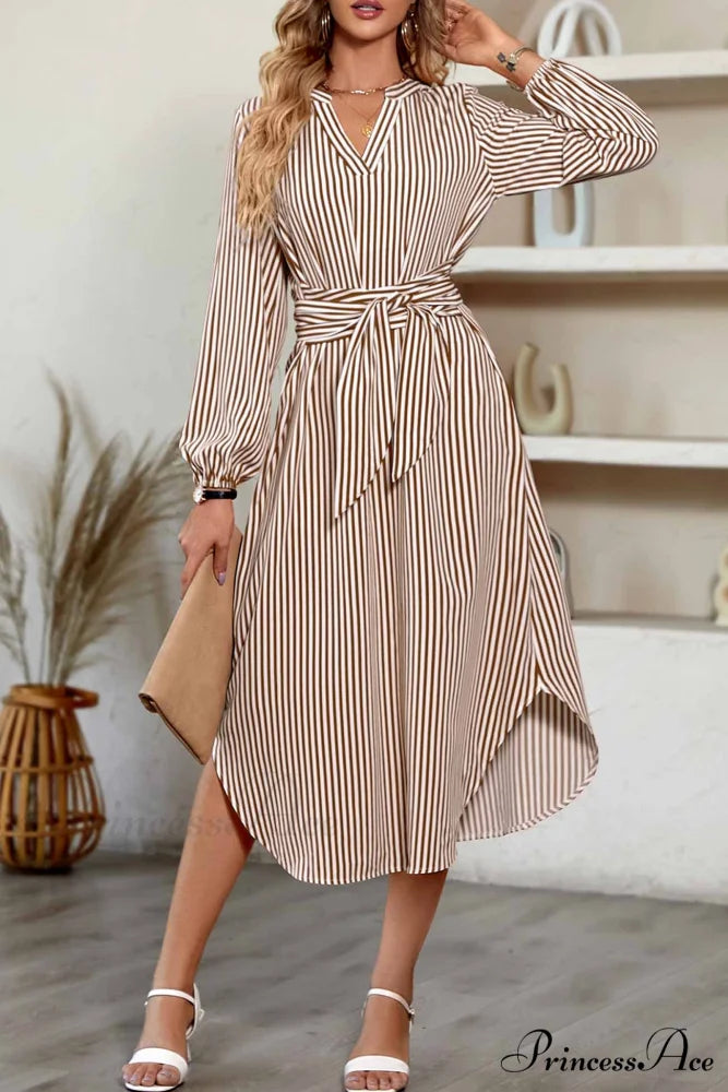 Striped V Neck Tie Waist Long Sleeve Midi Dress