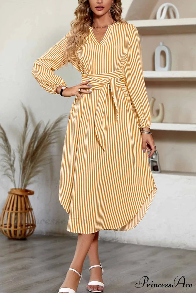 Striped V Neck Tie Waist Long Sleeve Midi Dress