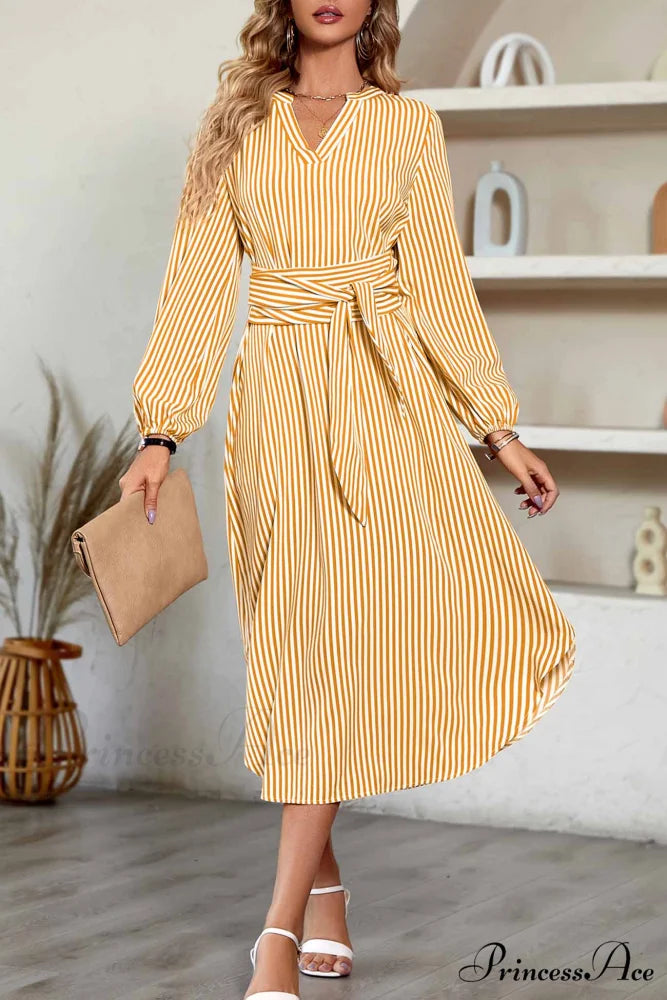 Striped V Neck Tie Waist Long Sleeve Midi Dress