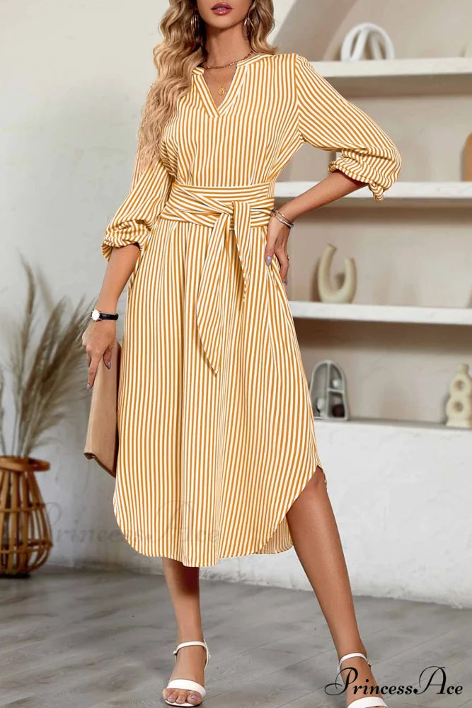 Striped V Neck Tie Waist Long Sleeve Midi Dress