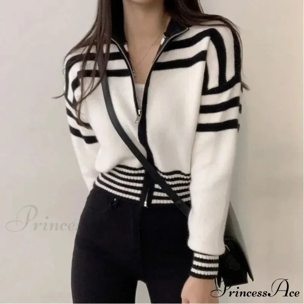 Striped Zipper Elevated Collar Cardigan