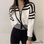 Striped Zipper Elevated Collar Cardigan
