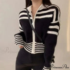 Striped Zipper Elevated Collar Cardigan