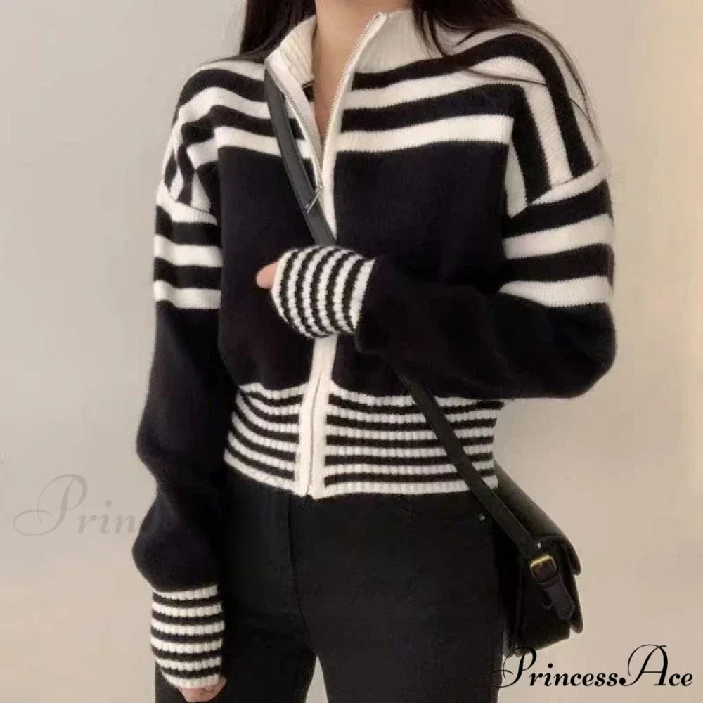 Striped Zipper Elevated Collar Cardigan