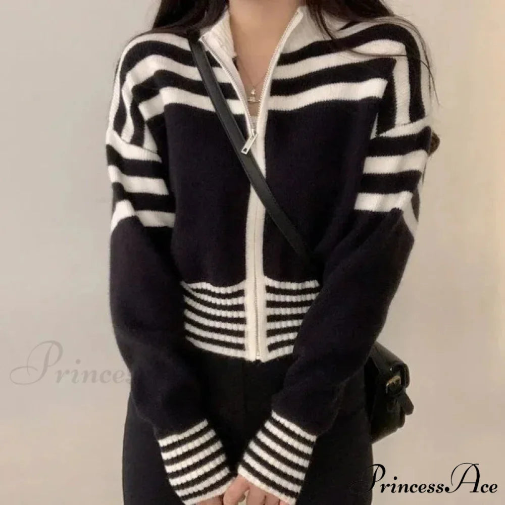 Striped Zipper Elevated Collar Cardigan
