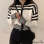 Striped Zipper Elevated Collar Cardigan