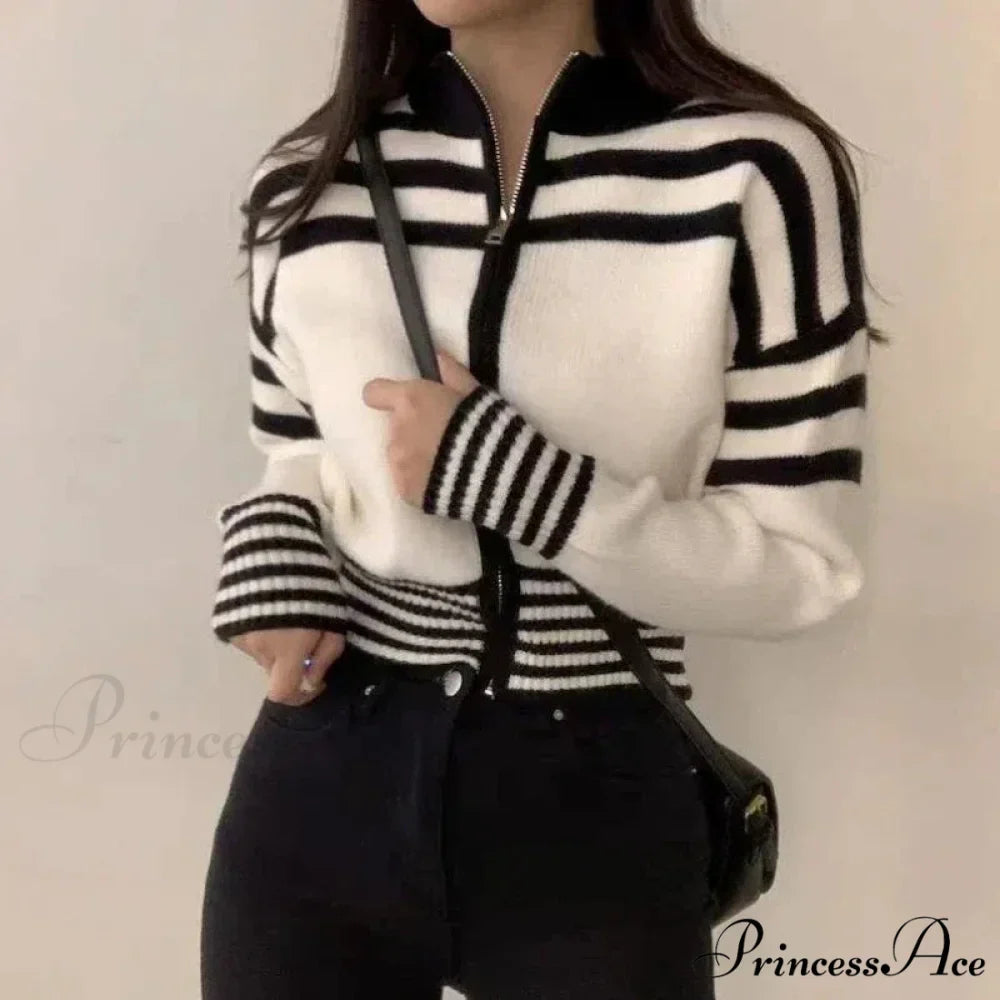 Striped Zipper Elevated Collar Cardigan