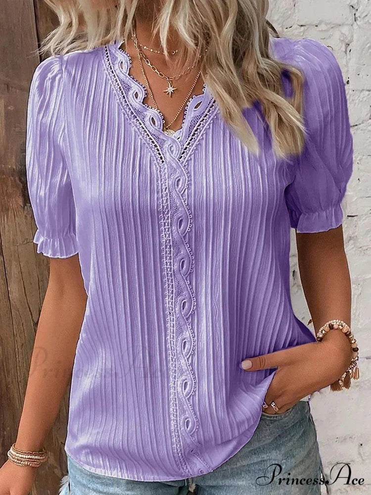 Strong Attractive Plunge Neck Join Short Sleeve Blouse