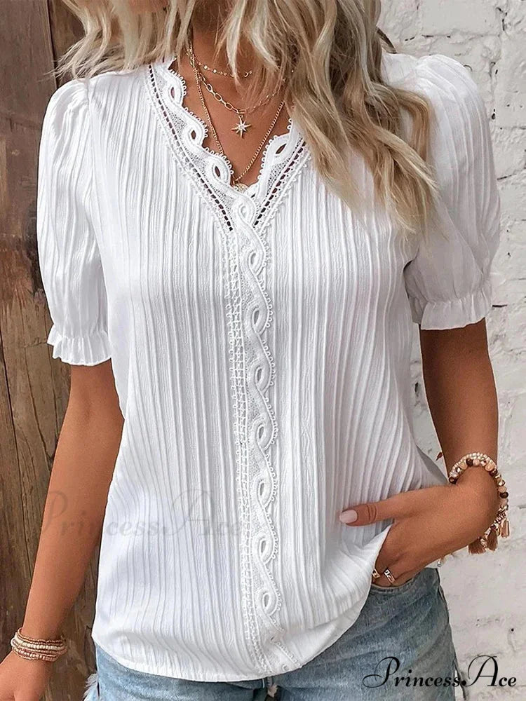 Strong Attractive Plunge Neck Join Short Sleeve Blouse